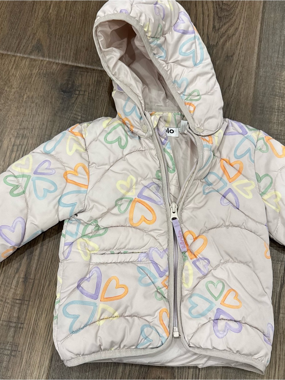MOLO Light Pink Heart Print Puffer Jacket with Hood